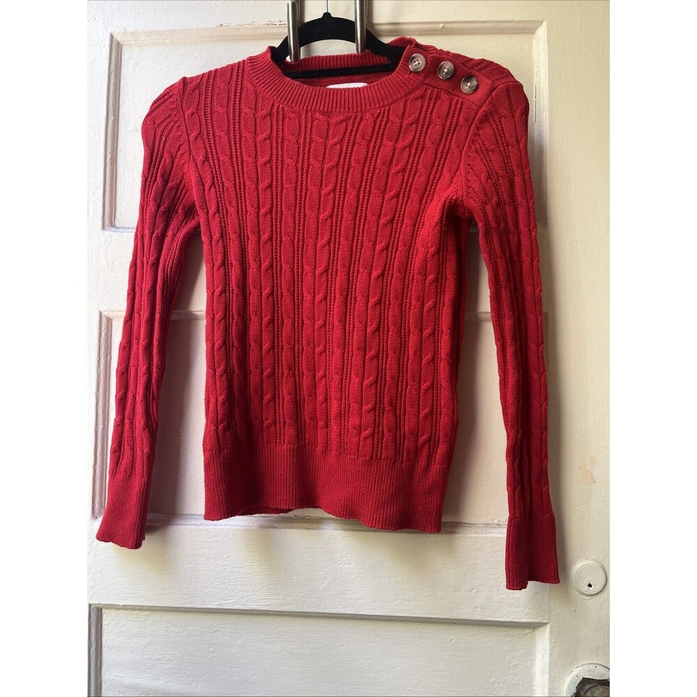 Charter Club Cable Knit Red Sweater P Button Preppy Dainty Festive Holiday Twee